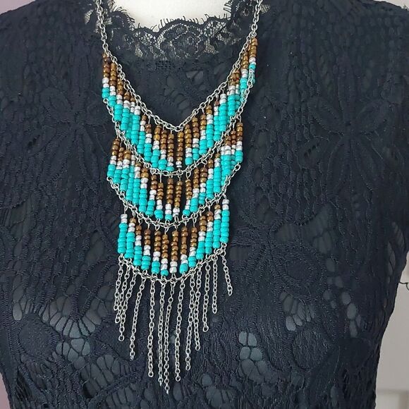 Boho Chic Multicolor Fringed Bib Statement Necklace Turquoise Brown White Silver - Picture 4 of 6